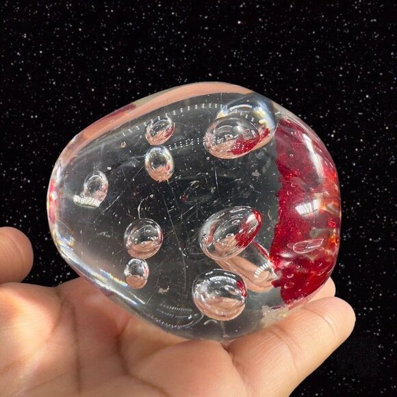 Vintage Art Glass Paperweight Red Bottom With Clear Large Air Bubbles Swirls - Picture 8 of 14